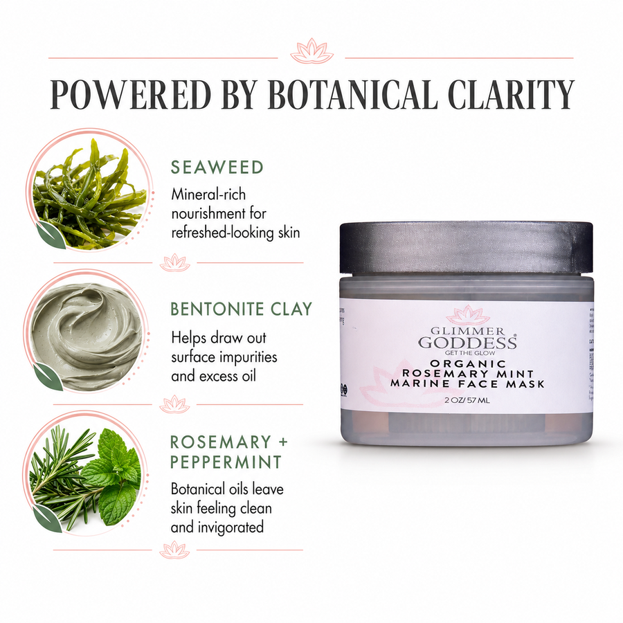 Organic Rosemary Mint Algae Face Mask by Glimmer Goddess® for acne and rosacea, featuring a soothing, natural skincare treatment.