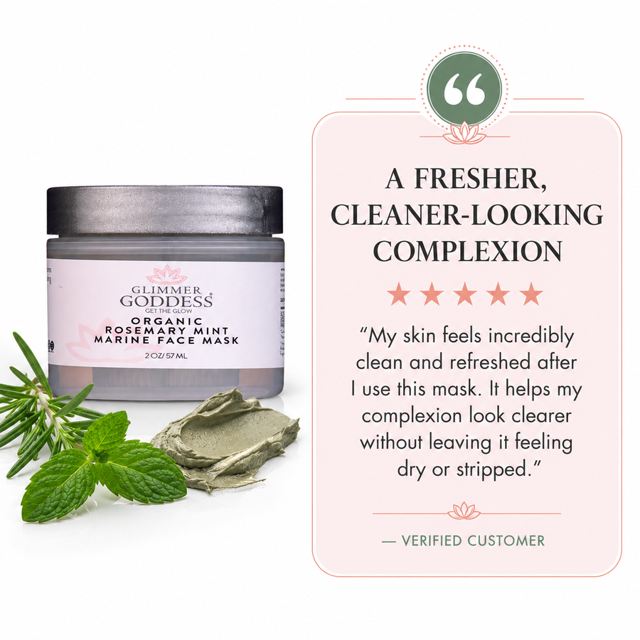 Organic Rosemary Mint Algae Face Mask by Glimmer Goddess® for acne and rosacea, showing a green clay mask in a glass bowl with mint leaves.