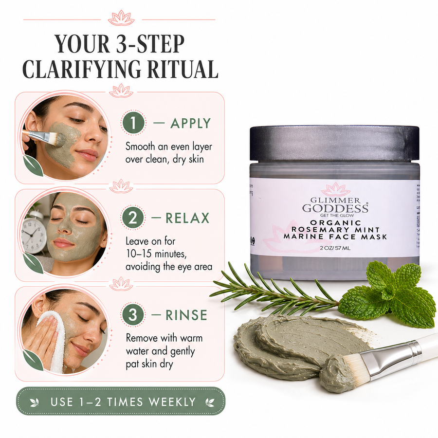 Organic Rosemary Mint Algae Face Mask by Glimmer Goddess® for acne and rosacea, showing a fresh green mask spread on skin