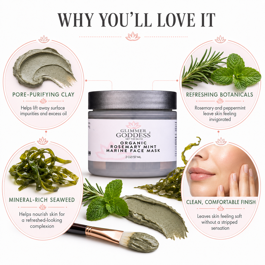 Organic Rosemary Mint Algae Face Mask by Glimmer Goddess® for acne and rosacea, shown in a natural skincare setting.