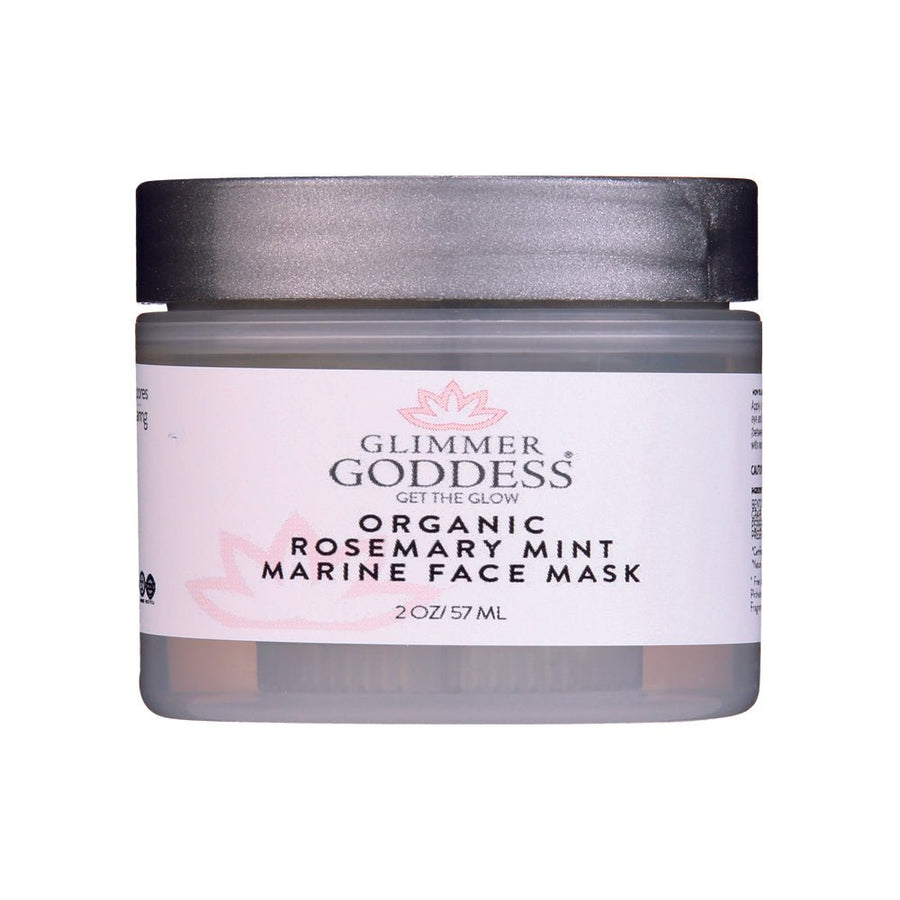 Organic Rosemary Mint Algae Face Mask by Glimmer Goddess® for acne and rosacea, featuring natural ingredients and soothing texture.