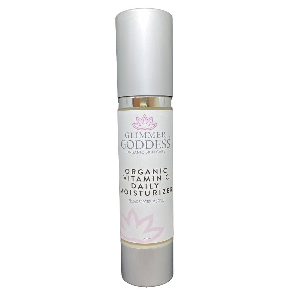 Organic Vitamin C Daily Moisturizer SPF 30 by Glimmer Goddess in a 2 oz jar, brightening and hydrating skincare with sun protection.