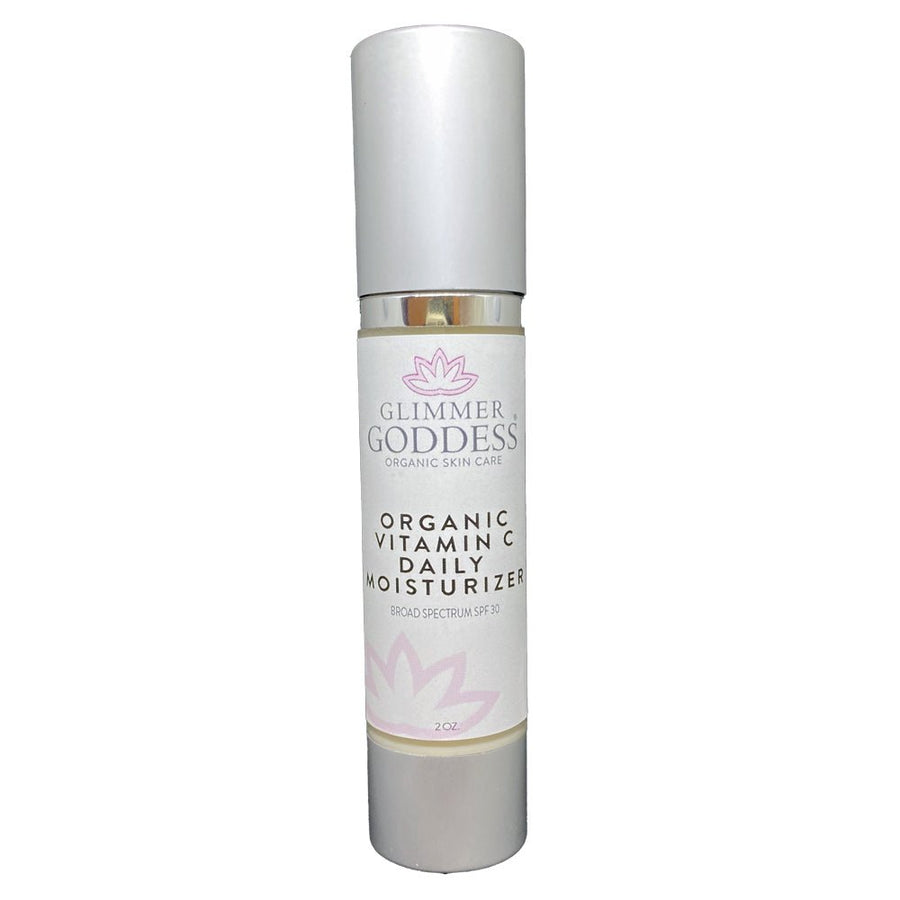 Organic Vitamin C Daily Moisturizer SPF 30 by Glimmer Goddess in a 2 oz jar, brightening and hydrating skincare with sun protection.