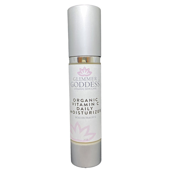 Organic Vitamin C Daily Moisturizer SPF 30 by Glimmer Goddess in a 2 oz jar, brightening and hydrating skincare with sun protection.