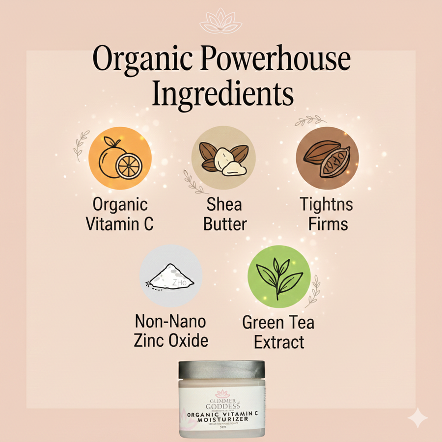 Glimmer Goddess Organic Vitamin C Daily Moisturizer SPF 30 in a 2 oz jar, brightening and hydrating for radiant skin.