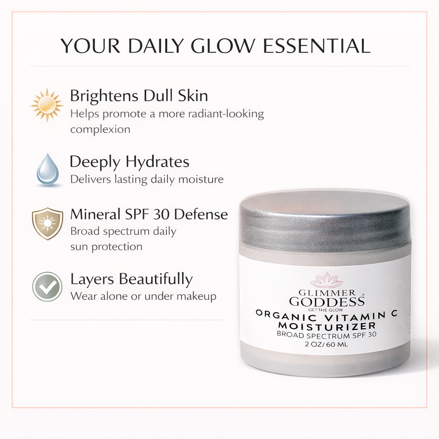 Glimmer Goddess Organic Vitamin C Daily Moisturizer SPF 30 in a 2 oz jar, brightening and hydrating moisturizer for radiant skin.