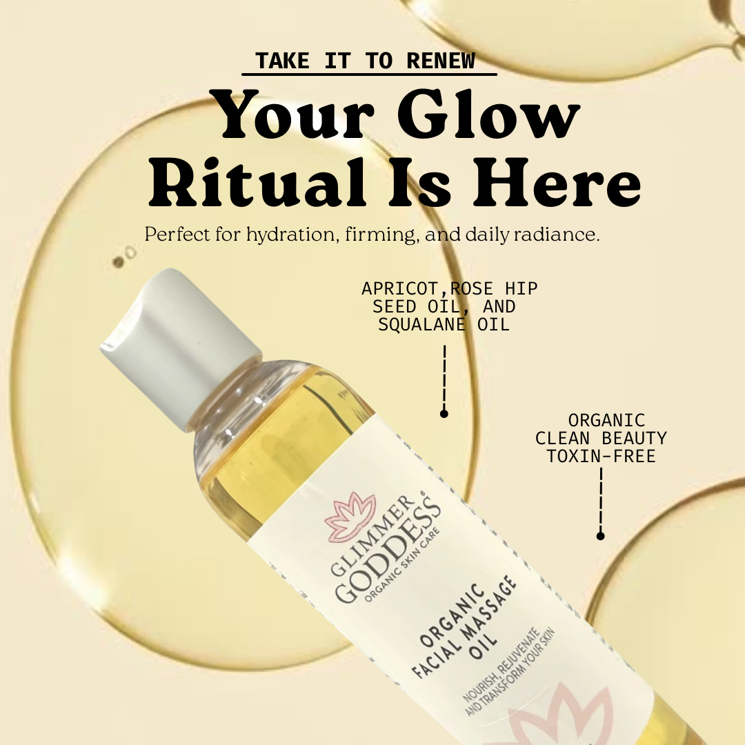 Organic Facial Massage Oil by Glimmer Goddess Organic Skin Care, anti-aging moisturizer for glowing, youthful skin.