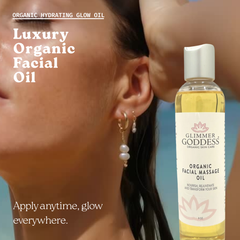 Organic Facial Massage Oil by Glimmer Goddess Organic Skin Care, anti-aging moisturizer for healthy, radiant skin.