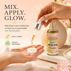Organic Self Tan Drops by Glimmer Goddess® Organic Skin Care, light scent, soft essential oils, for a fast, natural glow.