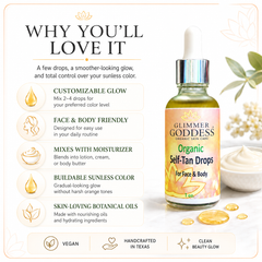 Glimmer Goddess Organic Self Tan Drops with lightly scented essential oils for a fast, natural glow on the skin.