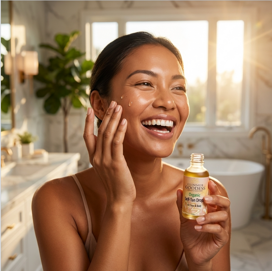 Glimmer Goddess Organic Self Tan Drops for fast, natural glow with lightly scented essential oils, ideal for even skin tanning.