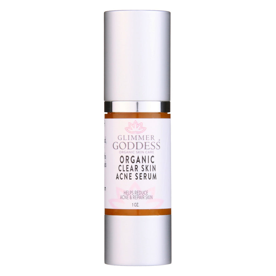 Glimmer Goddess Organic Acne Serum in 1 oz bottle, oil control and pore clearing treatment for clear, healthy skin.