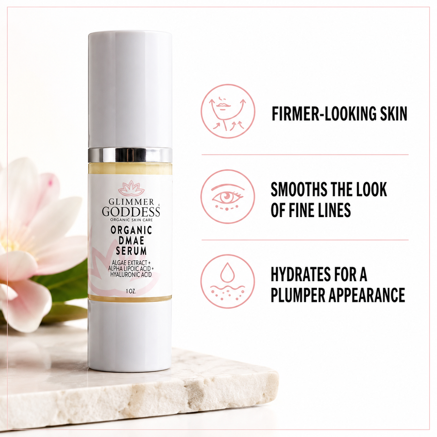 Organic DMAE Firming Serum by Glimmer Goddess® Organic Skin Care in 1 oz bottle, featuring a natural facelift treatment for firm, youthful skin.