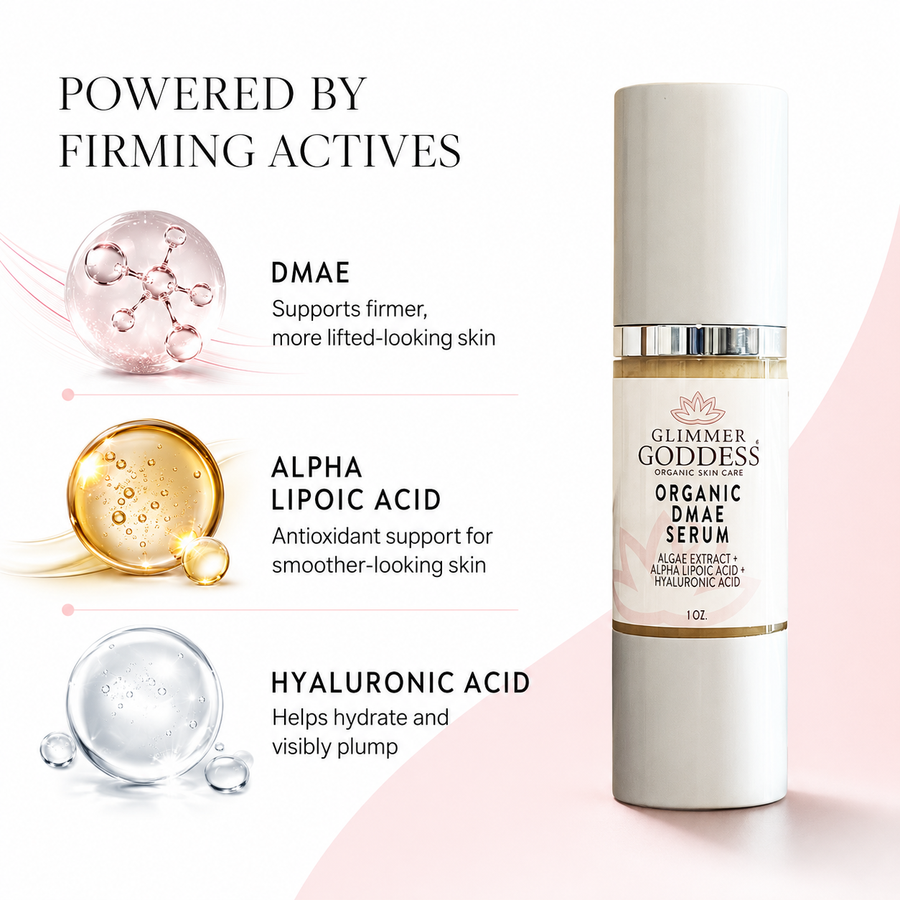 Organic DMAE Firming Serum by Glimmer Goddess® Organic Skin Care, 1 oz, natural serum for skin firming and facelift benefits.