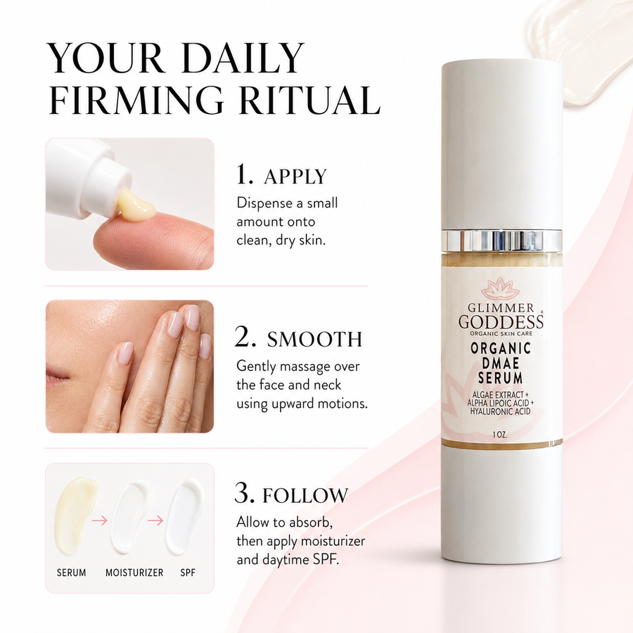 Glimmer Goddess Organic Skin Care DMAE Firming Serum in 1 oz bottle, natural facial serum for skin tightening and revitalization