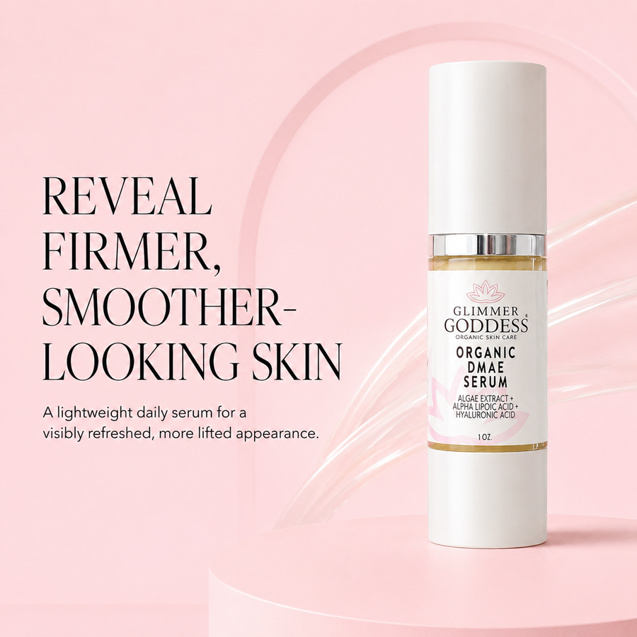 Glimmer Goddess Organic DMAE Firming Serum in 1 oz bottle, natural facial treatment for skin tightening and lifting.
