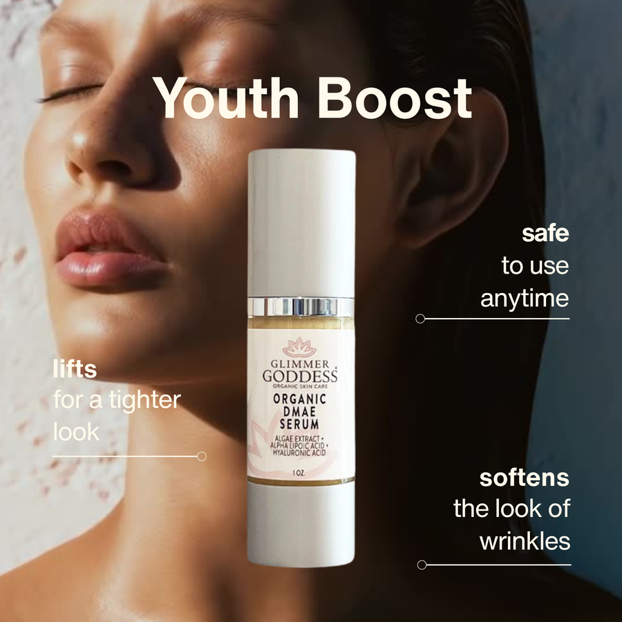 Organic DMAE Firming Serum by Glimmer Goddess Organic Skin Care, 1 oz bottle, natural facial treatment for skin firming and lift.