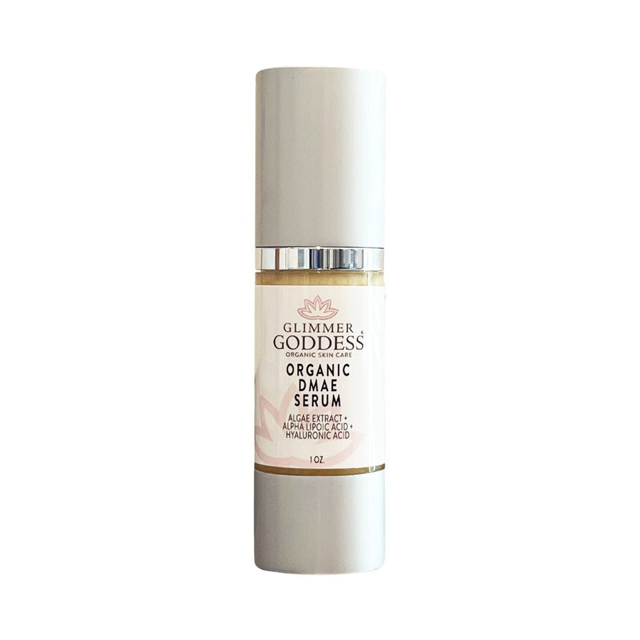 Glimmer Goddess Organic DMAE Firming Serum in 1 oz bottle, natural facelift treatment with a clear dropper and sleek packaging.