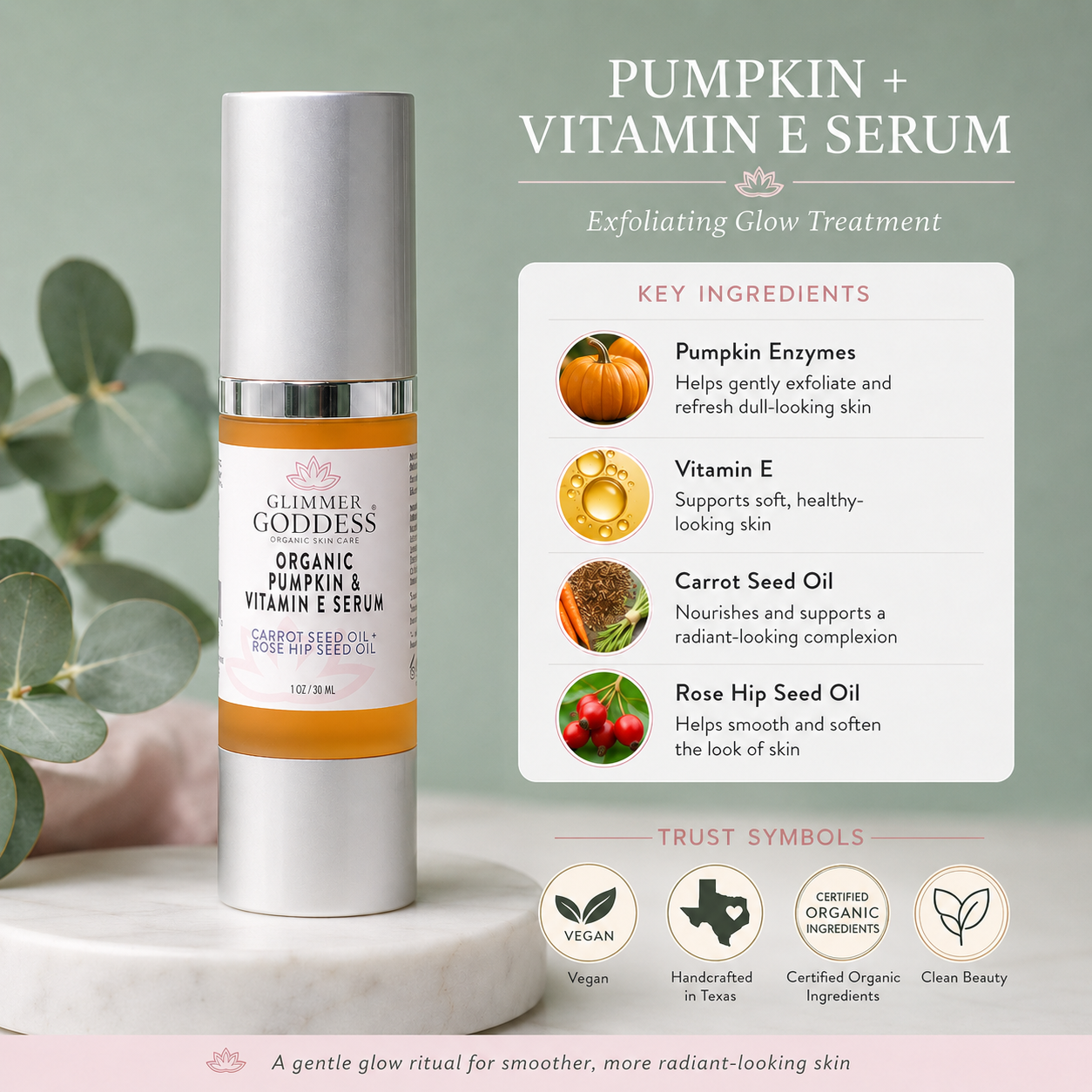 Organic Pumpkin Enzyme Serum by Glimmer Goddess® for exfoliating and glowing skin, shown in a 1 oz pump bottle.