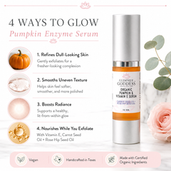 Organic Pumpkin Enzyme Serum by Glimmer Goddess® for exfoliating and glowing skin in a 1 oz serum bottle.