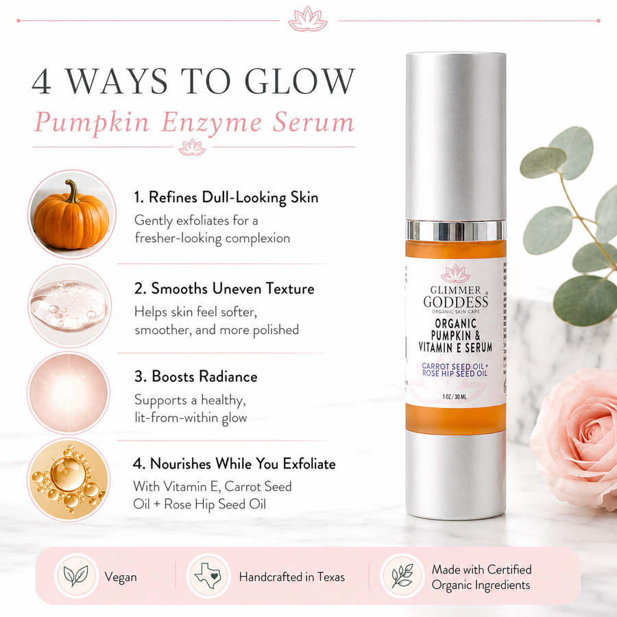 Organic Pumpkin Enzyme Serum by Glimmer Goddess® for exfoliating and glowing skin in a 1 oz serum bottle.