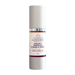 Organic Pumpkin Enzyme Serum by Glimmer Goddess® for exfoliating and glowing skin, housed in a 1 oz serum bottle.