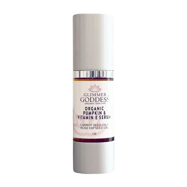 Organic Pumpkin Enzyme Serum by Glimmer Goddess® for exfoliating and glowing skin, housed in a 1 oz serum bottle.