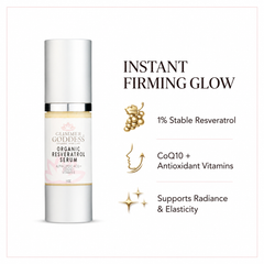 Organic Resveratrol Serum by Glimmer Goddess® Organic Skin Care, 1 oz, featuring a serum bottle with a clear liquid for instant firming.