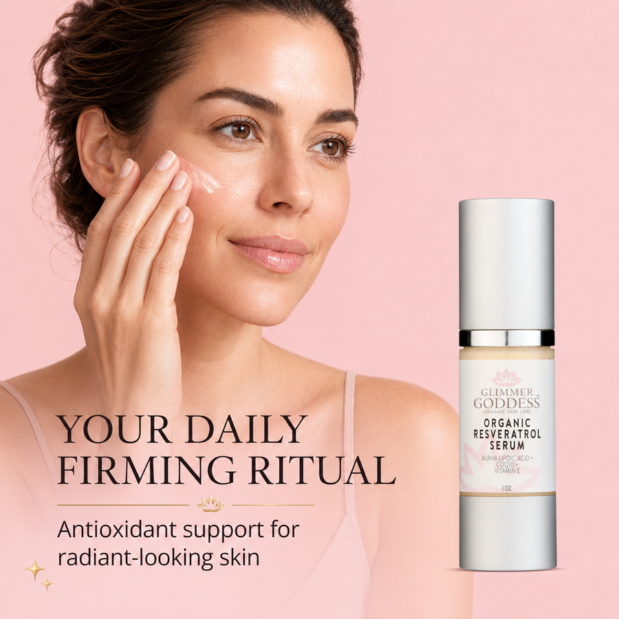 Organic Resveratrol Serum by Glimmer Goddess® Organic Skin Care, 1 oz, with a dropper for instant skin firming and rejuvenation.