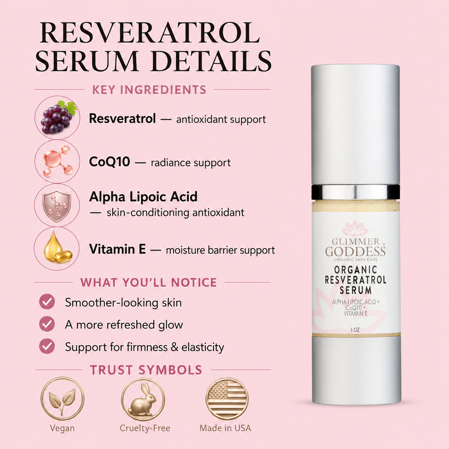 Organic Resveratrol Serum by Glimmer Goddess® Organic Skin Care, 1 oz, featuring a dropper and clear glass bottle for instant firming.