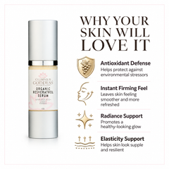 Organic Resveratrol Serum by Glimmer Goddess® Organic Skin Care, 1 oz, featuring a dropper and clear glass bottle for instant skin firming.