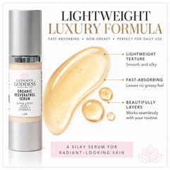 Organic Resveratrol Serum by Glimmer Goddess® Organic Skin Care, 1 oz, featuring a clear bottle with serum for instant skin firming.