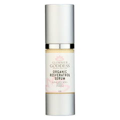 Organic Resveratrol Serum by Glimmer Goddess® Organic Skin Care, 1 oz, featuring a clear glass bottle with dropper for instant firming.