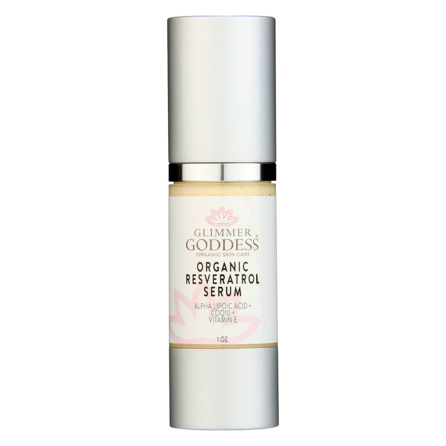 Organic Resveratrol Serum by Glimmer Goddess® Organic Skin Care, 1 oz, featuring a clear glass bottle with dropper for instant firming.