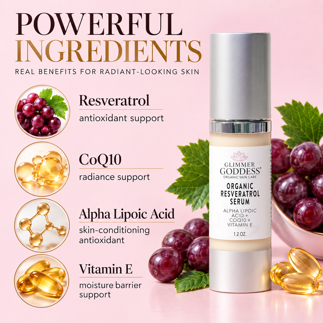 Organic Resveratrol Serum by Glimmer Goddess® Organic Skin Care, 1 oz, with a clear dropper bottle and serum inside for instant firming.