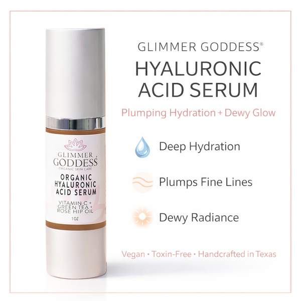 Organic Hyaluronic Acid Serum by Glimmer Goddess for plumping hydration, 1 oz., smooth and nourishing skin treatment.