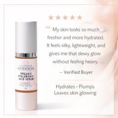 Organic Hyaluronic Acid Serum by Glimmer Goddess, 1 oz., hydrating and plumping serum for smooth, glowing skin.