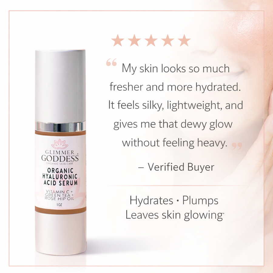 Organic Hyaluronic Acid Serum by Glimmer Goddess, 1 oz., hydrating and plumping serum for smooth, glowing skin.