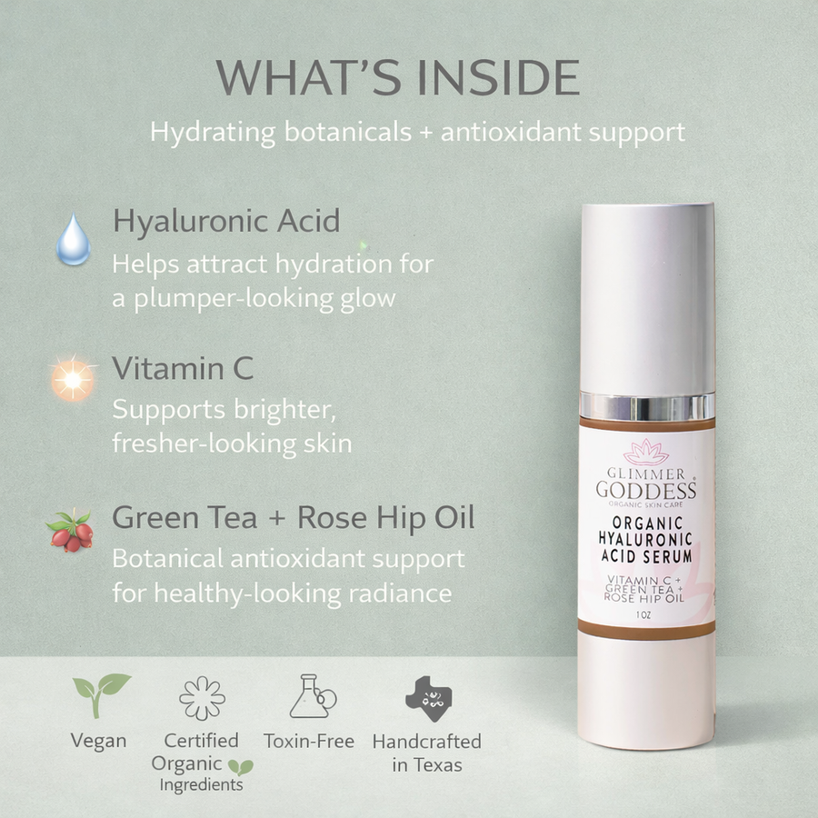 Organic Hyaluronic Acid Serum by Glimmer Goddess, 1 oz., hydrating serum with plumping effects for healthy skin.