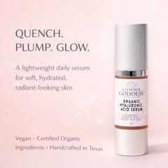 Organic Hyaluronic Acid Serum by Glimmer Goddess, 1 oz., hydrating and plumping serum for radiant skin in a clear bottle.