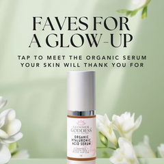 Glimmer Goddess Organic Hyaluronic Acid Serum in 1 oz bottle, hydrating and plumping facial serum for skin hydration.