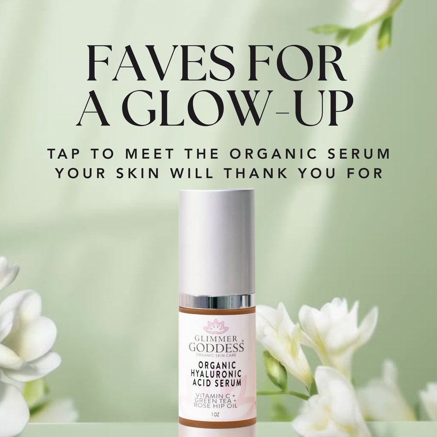 Glimmer Goddess Organic Hyaluronic Acid Serum in 1 oz bottle, hydrating and plumping facial serum for skin hydration.
