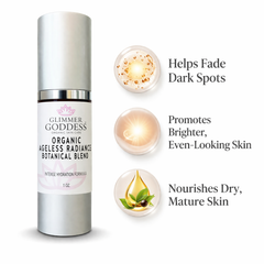 Organic skin brightening serum by Glimmer Goddess® featuring a sleek glass bottle with dropper for radiance and dark spot treatment.