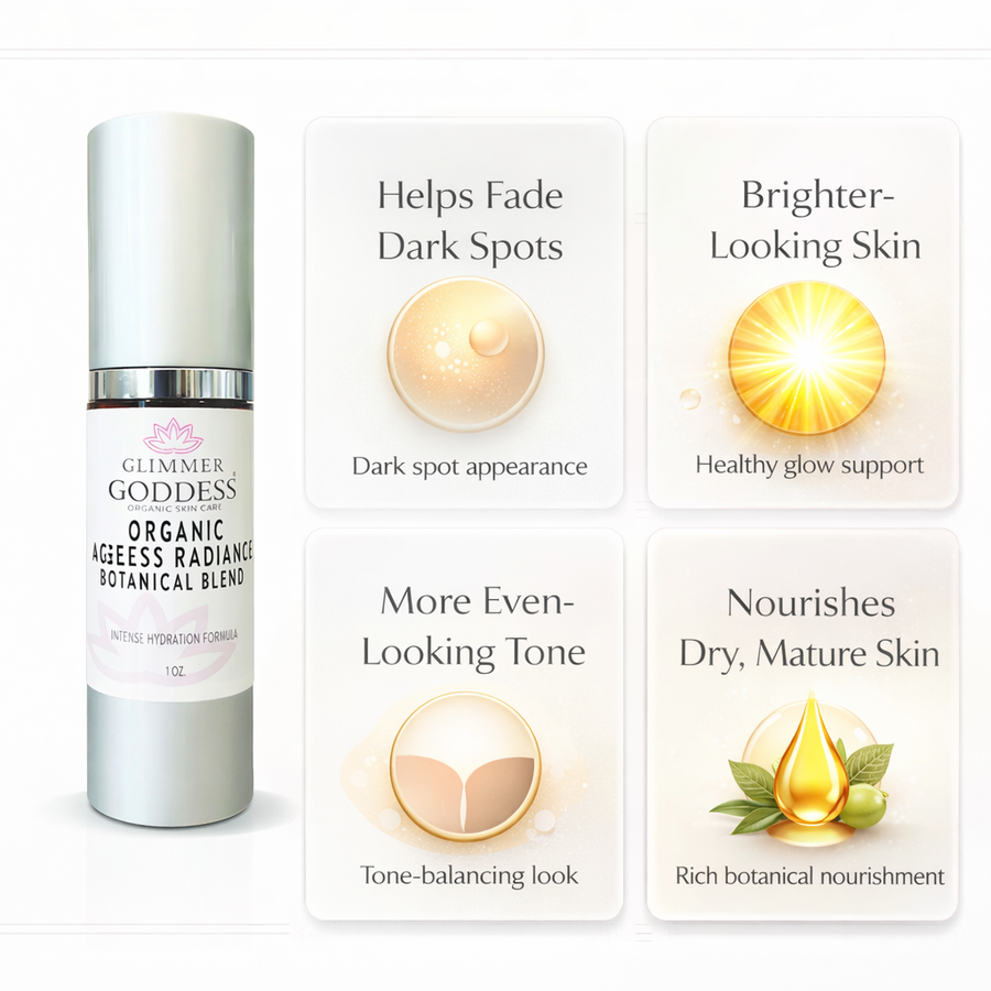 Organic Skin Brightening Serum by Glimmer Goddess® in a sleek glass bottle, highlighting brightening and dark spot treatment benefits.