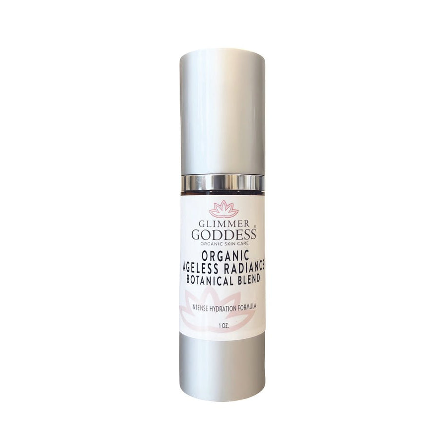 Organic skin brightening serum by Glimmer Goddess® for ageless radiance and dark spot treatment in a sleek bottle.