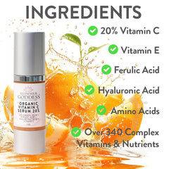 Glimmer Goddess Organic Vitamin C Serum 20% for brightening, with hyaluronic acid and ferulic acid in a clear serum bottle.