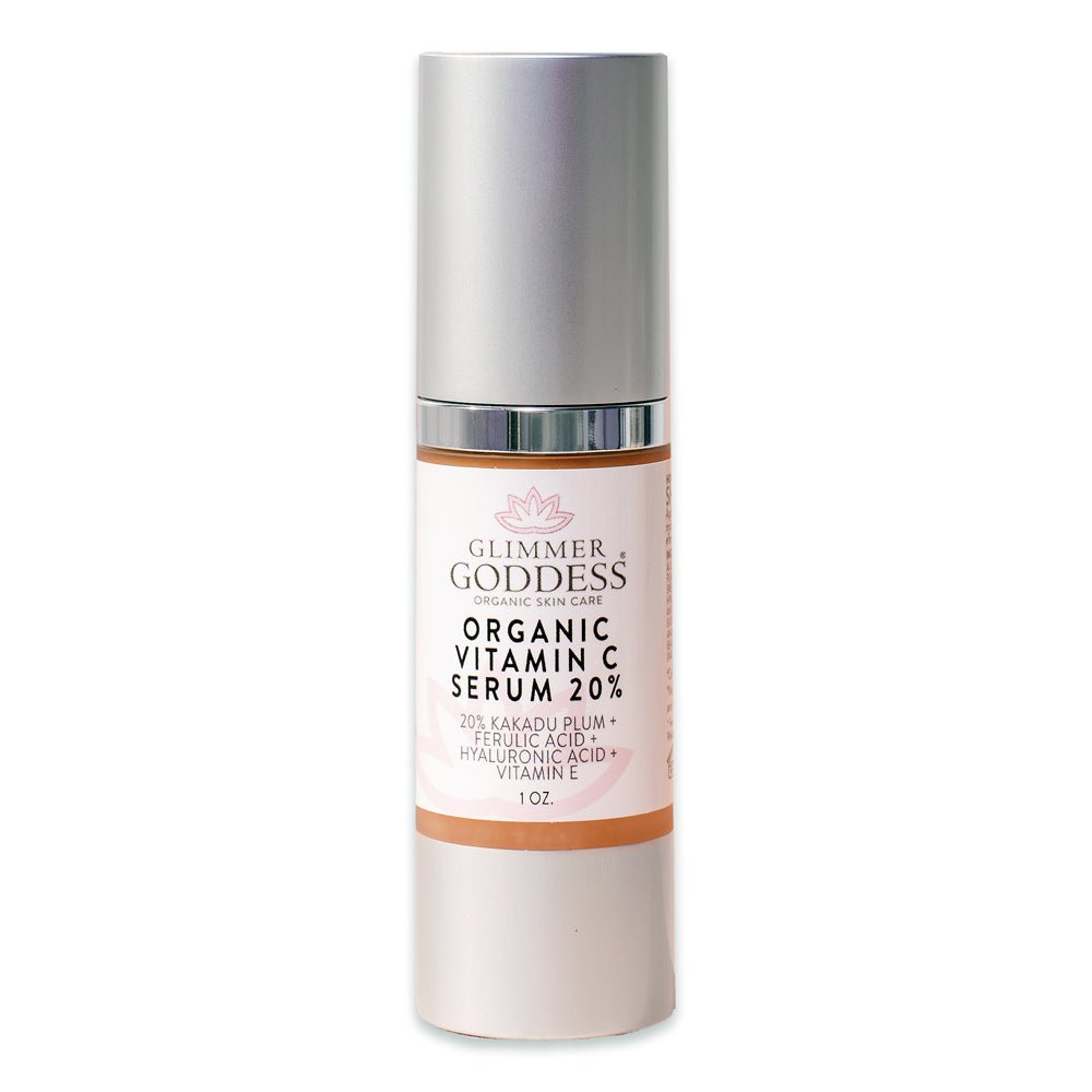 Glimmer Goddess Organic Vitamin C Serum 20% brightening treatment with hyaluronic and ferulic acid, in a sleek skincare bottle
