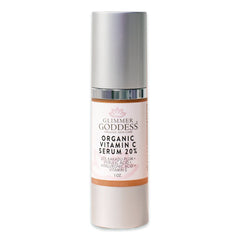 Glimmer Goddess Organic Vitamin C Serum 20% brightening treatment with hyaluronic and ferulic acid, in a sleek skincare bottle