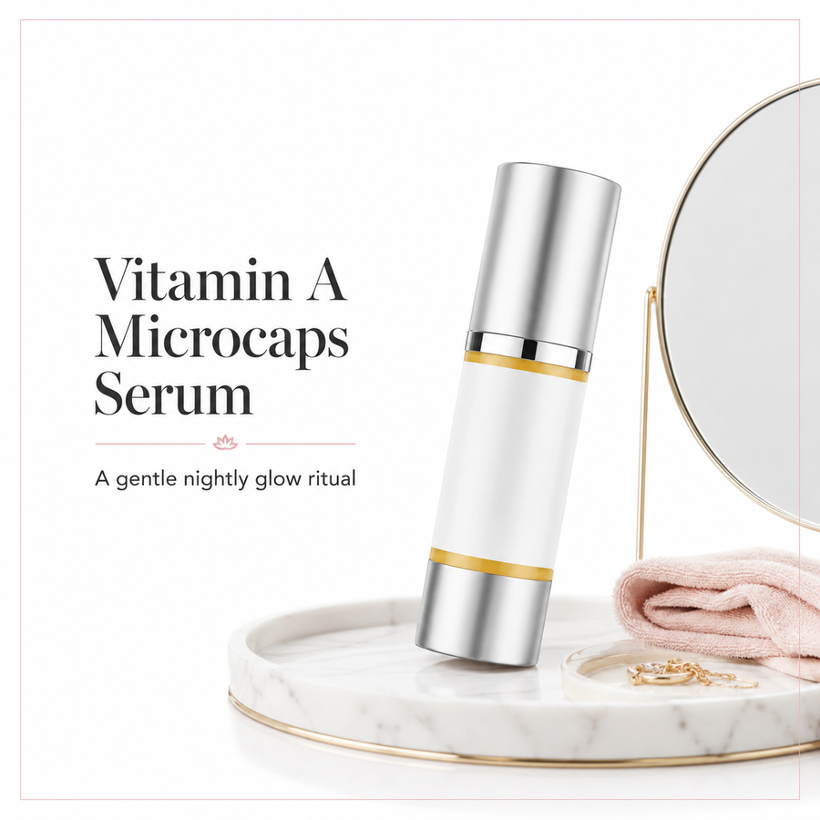 Glimmer Goddess Organic Skin Care Vitamin A Microcaps Serum in a glass dropper bottle, showing the serum's smooth texture.