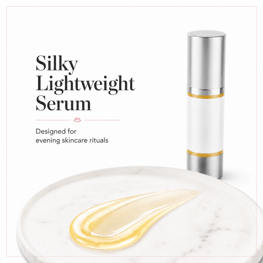 Glimmer Goddess Organic Skin Care Vitamin A Microcaps Serum in a sleek glass bottle with dropper for radiant skin.
